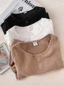 SHEIN 3PCS Tween Girls T-Shirts,Fall,Autumn,Winter,All-Match Kids School Knitted Turtleneck Casual Slim Textured Ribbed Fitted Base Layer Top,Versatile - Multicolor - View 2