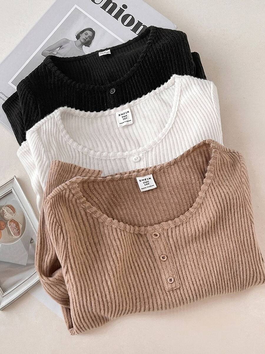 SHEIN 3PCS Tween Girls T-Shirts,Fall,Autumn,Winter,All-Match Kids School Knitted Turtleneck Casual Slim Textured Ribbed Fitted Base Layer Top,Versatile - Multicolor - View 1