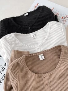 SHEIN 3PCS Tween Girls T-Shirts,Fall,Autumn,Winter,All-Match Kids School Knitted Turtleneck Casual Slim Textured Ribbed Fitted Base Layer Top,Versatile - Multicolor - View 3