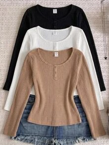 SHEIN 3PCS Tween Girls T-Shirts,Fall,Autumn,Winter,All-Match Kids School Knitted Turtleneck Casual Slim Textured Ribbed Fitted Base Layer Top,Versatile - Multicolor - View 1