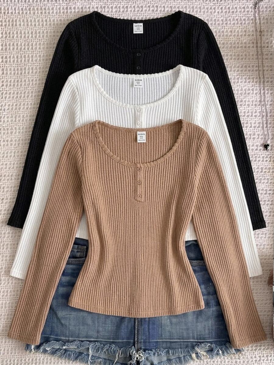 SHEIN 3PCS Tween Girls T-Shirts,Fall,Autumn,Winter,All-Match Kids School Knitted Turtleneck Casual Slim Textured Ribbed Fitted Base Layer Top,Versatile - Multicolor - View 1
