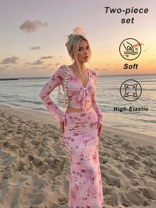 SHEIN MOD مجموعة توب قصير برباط أمامي بطبعة فراشات وزهور & تنورة بحافة حورية البحر - وردي - مشاهدة 1