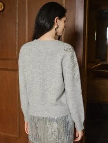 Anewsta 柔美風 3D 毛球水鑽刺繡針織毛衣 女款圓領寬鬆落肩長袖套頭上衣 - 淺灰色 - 查看 2