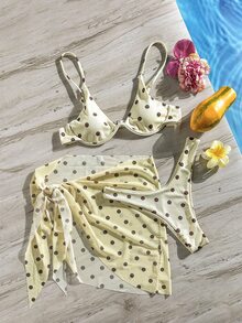 SHEIN Swim 女士夏季沙滩度假波点印花比基尼套装，带钢圈和罩裙，三件套 - 黃色 - 查看 4