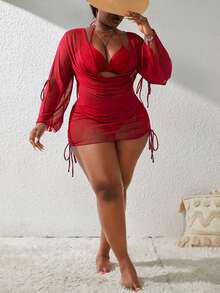 Slaydiva 2025 Plus Size Color Block 4-Piece Swimwear Set, Summer Beach Vacation - Red - View 3