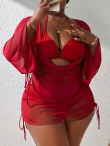 Slaydiva 2025 Plus Size Color Block 4-Piece Swimwear Set, Summer Beach Vacation - Red - View 1