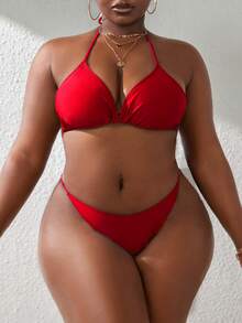 Slaydiva 2025 Plus Size Color Block 4-Piece Swimwear Set, Summer Beach Vacation - Red - View 4