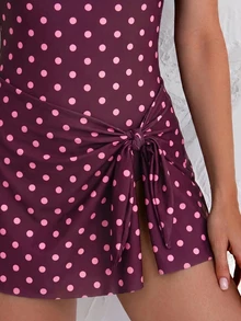 SHEIN Swim 女款波點印花側綁帶收腰休閒連身泳衣 - 棕色 - 查看 4