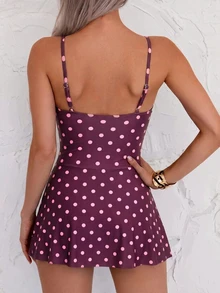 SHEIN Swim 女款波點印花側綁帶收腰休閒連身泳衣 - 棕色 - 查看 2