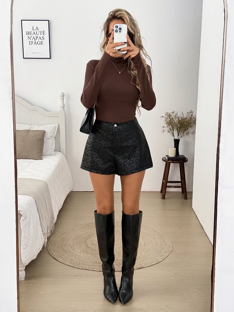 SHEIN LUNE 3PCS Women Ribbed Long Sleeve T-Shirts Everyday Home Dark Brown Black White Autumn Casual - Multicolor - View 6