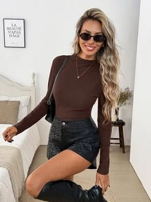 SHEIN LUNE 3PCS Women Ribbed Long Sleeve T-Shirts Everyday Home Dark Brown Black White Autumn Casual - Multicolor - View 9