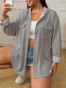 SHEIN CURVE+ 大尺碼女款優雅條紋襯衫輕便寬鬆連帽外套 秋季萬聖節 - 黑與白 - 查看 8