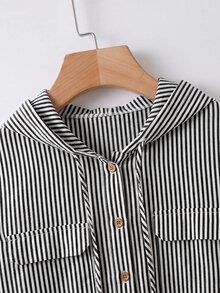 SHEIN CURVE+ 大尺碼女款優雅條紋襯衫輕便寬鬆連帽外套 秋季萬聖節 - 黑與白 - 查看 4