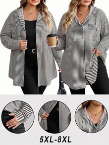 SHEIN CURVE+ 大尺碼女款優雅條紋襯衫輕便寬鬆連帽外套 秋季萬聖節 - 黑與白 - 查看 1