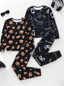 SHEIN 4pcs Kids Tween Boy Casual Daily Comfortable Printed Pattern Crew Neck Pullover Pajama Top & Long Pants Knit Loungewear Tight Set - Multicolor - View 3