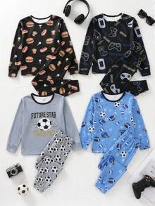 SHEIN 4pcs Kids Tween Boy Casual Daily Comfortable Printed Pattern Crew Neck Pullover Pajama Top & Long Pants Knit Loungewear Tight Set - Multicolor - View 9