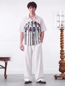 NORVETH Men's Digital Placement Print Short Sleeve Shirt, Spring/Summer - White - View 1