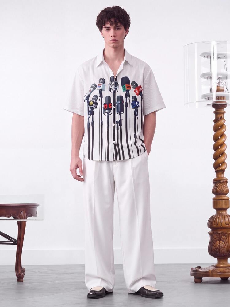 NORVETH Men's Digital Placement Print Short Sleeve Shirt, Spring/Summer - White - View 1