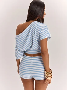 Eshe Glo Women's Striped Asymmetric Shoulder Short Sleeve Top And Low Waist Shorts Set, Spring Summer Striped Two Pieces Set, Summer Two Pieces Set, Casual Two Pieces Set, Comfortable Two Pieces Set, Suitable For Beach Vacation And Daily Casual Wear, Basic Style/Summer/Beach/Outing Outfit, Striped Set - Baby Blue - View 2
