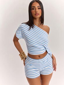 Eshe Glo Women's Striped Asymmetric Shoulder Short Sleeve Top And Low Waist Shorts Set, Spring Summer Striped Two Pieces Set, Summer Two Pieces Set, Casual Two Pieces Set, Comfortable Two Pieces Set, Suitable For Beach Vacation And Daily Casual Wear, Basic Style/Summer/Beach/Outing Outfit, Striped Set - Baby Blue - View 6