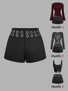 SHEIN MOD Celana Pendek Hitam Berpinggang Tinggi Serbaguna untuk Wanita, Dihiasi dengan Grommet Perak, Gaya Sehari-hari, Celana Pendek Grommet, Celana Pendek Hitam, Pakaian Halloween - Hitam - View 1