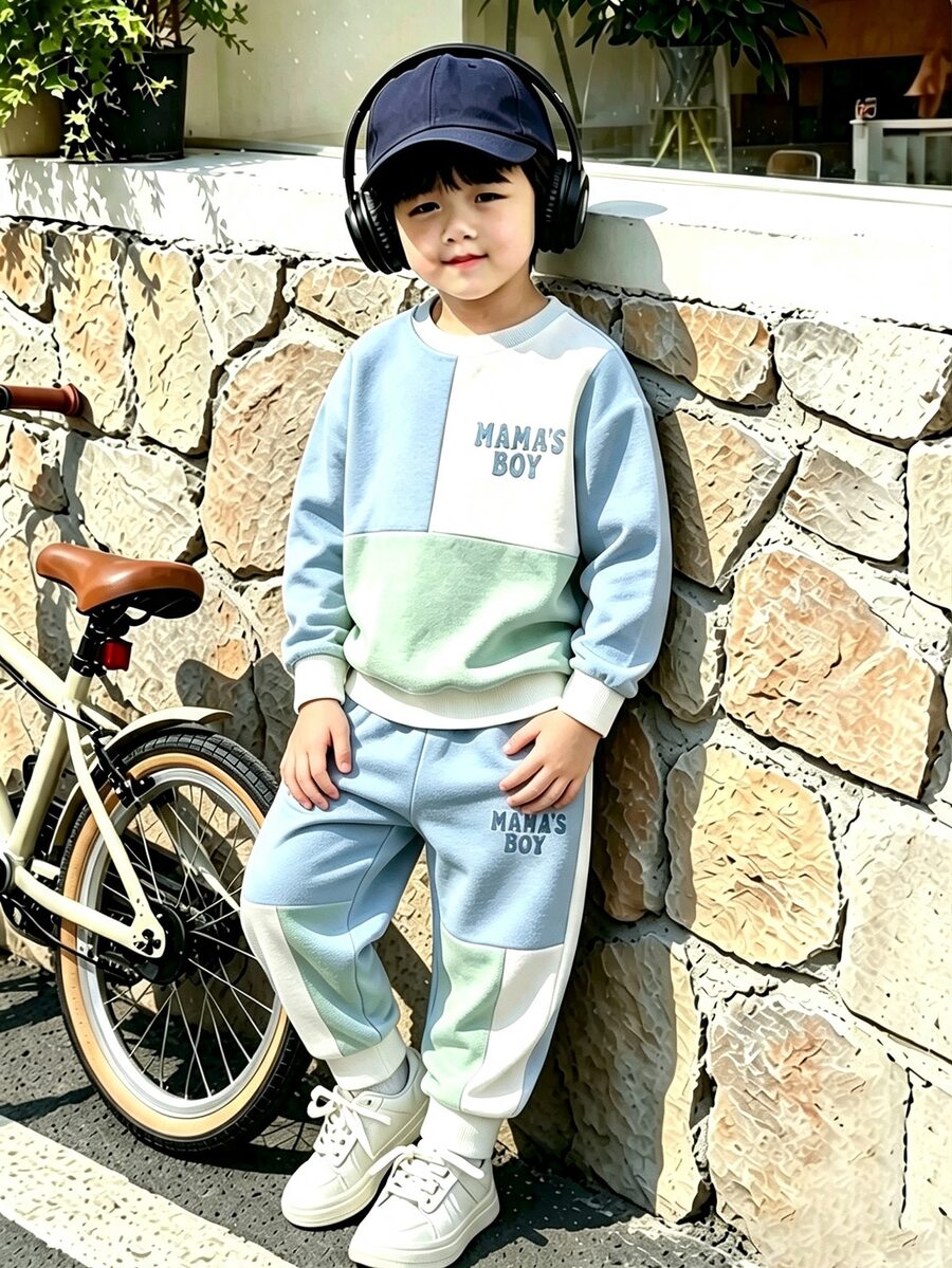 2件組男童拼色運動衫與運動長褲套裝，秋冬圓領長袖休閒運動套裝，適合幼童男孩戶外穿著 - 彩色 - 查看 1