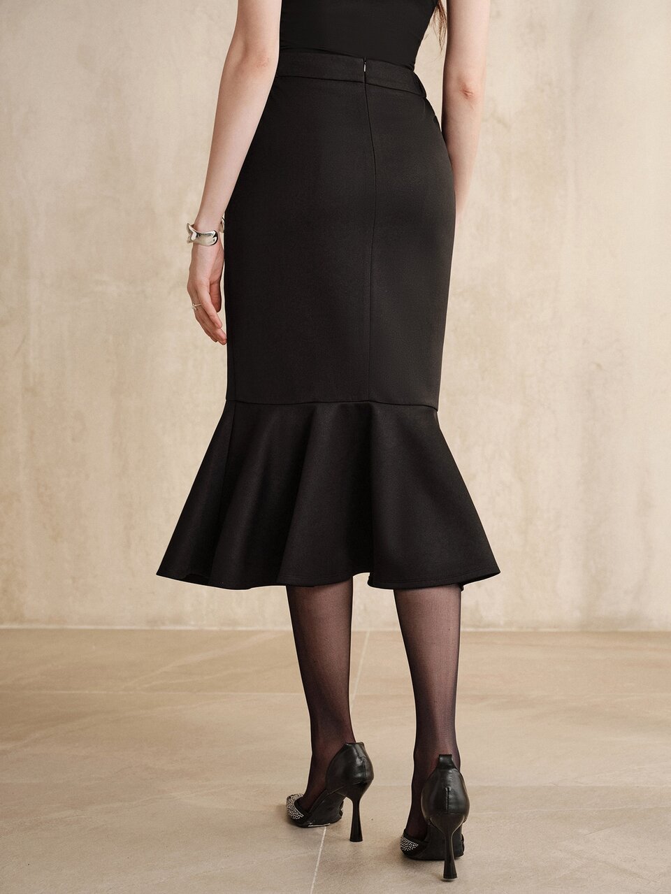 Anewsta Women's New Autumn/Winter Elegant Slimming Bodycon Hem Ruffle Fishtail Patchwork Skirt For Commute, Holiday, Party And Daily Wear