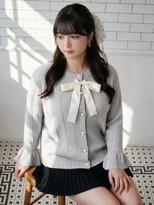 Bijouette Plus Size Autumn/Winter Elegant Tie-Front Cardigan - Grey - View 9