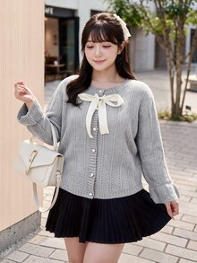 Bijouette Plus Size Autumn/Winter Elegant Tie-Front Cardigan - Grey - View 4