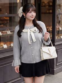 Bijouette Plus Size Autumn/Winter Elegant Tie-Front Cardigan - Grey - View 12