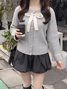Bijouette Plus Size Autumn/Winter Elegant Tie-Front Cardigan - Grey - View 2