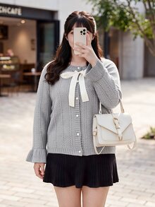 Bijouette Plus Size Autumn/Winter Elegant Tie-Front Cardigan - Grey - View 7