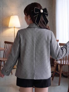 Bijouette Plus Size Women's Houndstooth Fashion Versatile Overcoat - Black and White - View 3