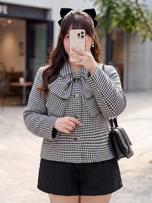 Bijouette Plus Size Women's Houndstooth Fashion Versatile Overcoat - Black and White - View 7