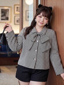 Bijouette Plus Size Women's Houndstooth Fashion Versatile Overcoat - Black and White - View 6