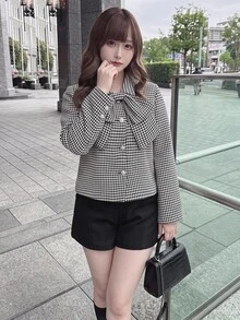 Bijouette Plus Size Women's Houndstooth Fashion Versatile Overcoat - Black and White - View 2