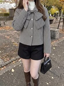 Bijouette Plus Size Women's Houndstooth Fashion Versatile Overcoat - Black and White - View 13