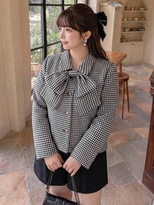 Bijouette Plus Size Women's Houndstooth Fashion Versatile Overcoat - Black and White - View 5