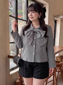 Bijouette Plus Size Women's Houndstooth Fashion Versatile Overcoat - Black and White - View 4