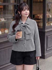 Bijouette Plus Size Women's Houndstooth Fashion Versatile Overcoat - Black and White - View 9
