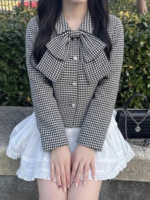Bijouette Plus Size Women's Houndstooth Fashion Versatile Overcoat - Black and White - View 11