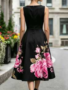 SHEIN PETITE Women's Sleeveless Floral Print Dress, Round Neck Fitted Waist Flared Hem Slimming Design, Black Base With Pink Floral Pattern,Fall Clothes For Women - Black - View 3