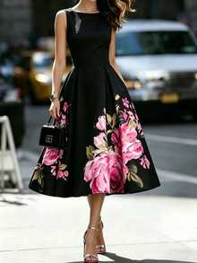 SHEIN PETITE Women's Sleeveless Floral Print Dress, Round Neck Fitted Waist Flared Hem Slimming Design, Black Base With Pink Floral Pattern,Fall Clothes For Women - Black - View 7