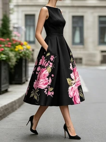 SHEIN PETITE Women's Sleeveless Floral Print Dress, Round Neck Fitted Waist Flared Hem Slimming Design, Black Base With Pink Floral Pattern,Fall Clothes For Women - Black - View 8
