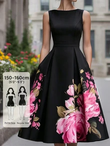 SHEIN PETITE Women's Sleeveless Floral Print Dress, Round Neck Fitted Waist Flared Hem Slimming Design, Black Base With Pink Floral Pattern,Fall Clothes For Women - Black - View 2