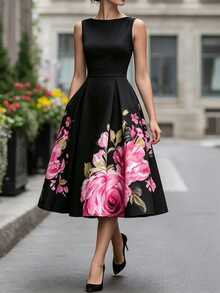 SHEIN PETITE Women's Sleeveless Floral Print Dress, Round Neck Fitted Waist Flared Hem Slimming Design, Black Base With Pink Floral Pattern,Fall Clothes For Women - Black - View 5