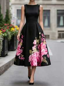 SHEIN PETITE Women's Sleeveless Floral Print Dress, Round Neck Fitted Waist Flared Hem Slimming Design, Black Base With Pink Floral Pattern,Fall Clothes For Women - Black - View 6