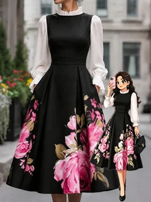 SHEIN PETITE Women's Sleeveless Floral Print Dress, Round Neck Fitted Waist Flared Hem Slimming Design, Black Base With Pink Floral Pattern,Fall Clothes For Women - Black - View 10