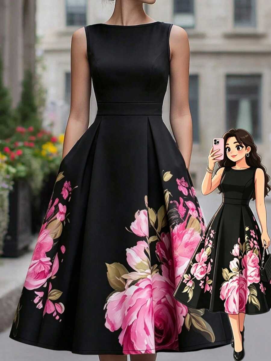 SHEIN PETITE Women's Sleeveless Floral Print Dress, Round Neck Fitted Waist Flared Hem Slimming Design, Black Base With Pink Floral Pattern,Fall Clothes For Women - Black - View 1