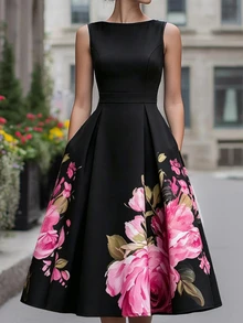 SHEIN PETITE Women's Sleeveless Floral Print Dress, Round Neck Fitted Waist Flared Hem Slimming Design, Black Base With Pink Floral Pattern,Fall Clothes For Women - Black - View 4